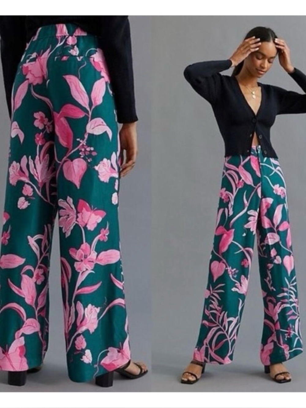 NWOT Anthropologie Tropical Floral Breezy Wide Leg Pants in Green & Pink  Size 4